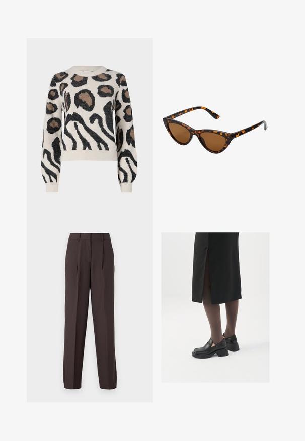 JDY LORRAINE - Camisola - cement; JJXX JXELLIS WIDE - Calças - seal brown; Sapatos de couro pretos com bico arredondado, salto bloco grosso e detalhes elásticos laterais, combinados com meias escuras e uma saia preta com uma abertura.; Óculos de sol estilo gato com uma armação em tartaruga preta e laranja, lentes castanhas e pontas elegantes e pontiagudas. Apresenta um logo minimalista na haste.