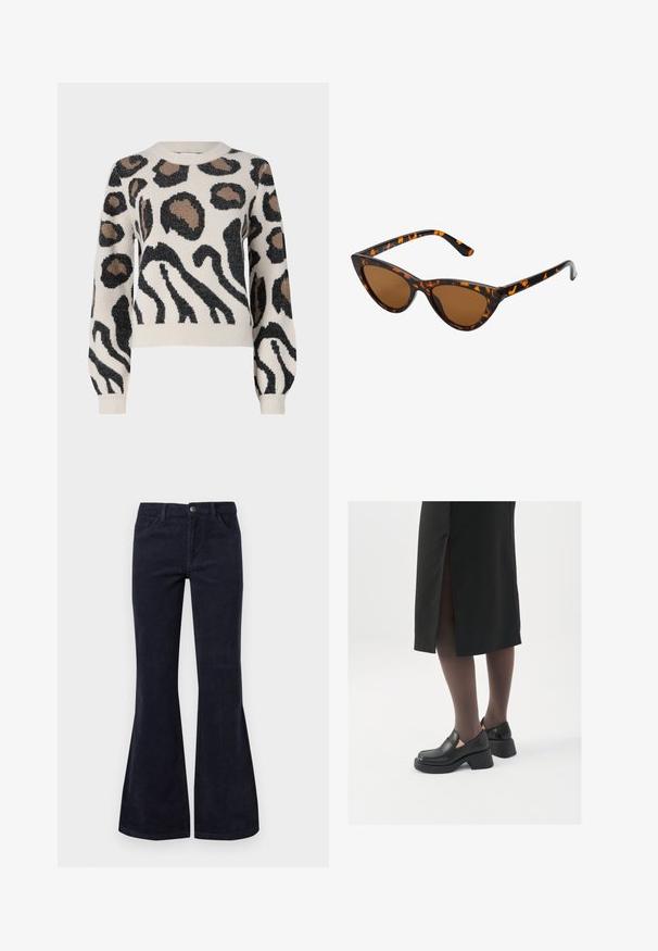 JDY LORRAINE - Camisola - cement; Calças de veludo cotelê azul escuro de corte flare, com cintura alta, cinco bolsos e fecho de botão, apresentando uma textura suave e um padrão em relevo.; Sapatos de couro pretos com bico arredondado, salto bloco grosso e detalhes elásticos laterais, combinados com meias escuras e uma saia preta com uma abertura.; Óculos de sol estilo gato com uma armação em tartaruga preta e laranja, lentes castanhas e pontas elegantes e pontiagudas. Apresenta um logo minimalista na haste.
