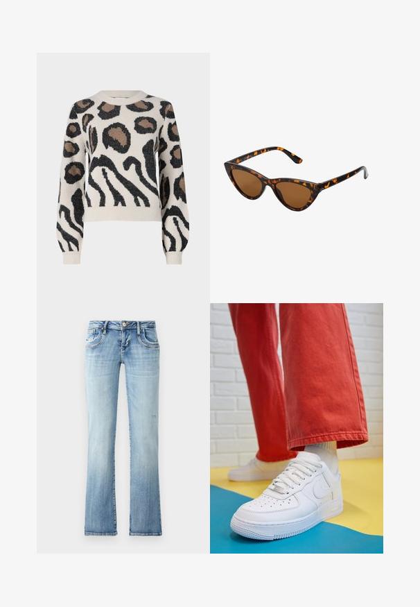 JDY LORRAINE - Jumper - cement; Light blue denim jeans with a straight leg cut, featuring five pockets, a button closure, and subtle fading in the fabric texture.; White leather sneaker with perforated toe box, textured sole, and white laces, paired with wide red pants and a blue and yellow background.; Cat-eye sunglasses with a black and orange tortoiseshell frame, brown lenses, and sleek, pointed tips. Features a minimal logo on the temple.