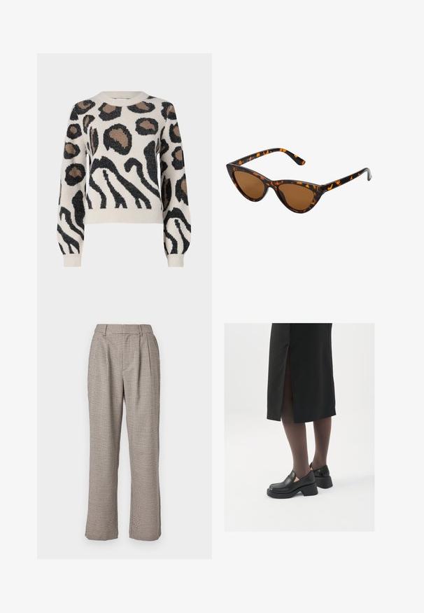 JDY LORRAINE - Jumper - cement; Checkered high-waisted trousers in beige and black, featuring a relaxed fit, pleats, and side pockets. Smooth texture and wide legs.; Black leather shoes with a rounded toe, thick block heel, and elastic side accents, paired with dark tights and a black skirt with a slit.; Cat-eye sunglasses with a black and orange tortoiseshell frame, brown lenses, and sleek, pointed tips. Features a minimal logo on the temple.