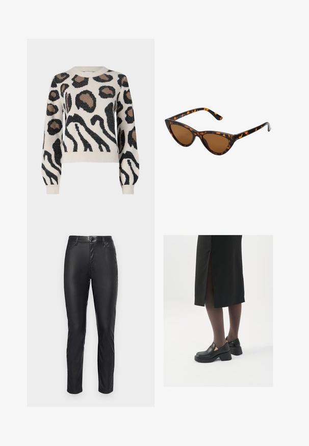 JDY LORRAINE - Jumper - cement; Black faux leather pants with a sleek design, featuring a fitted shape, five pockets, and a button closure at the waistband.; Black leather shoes with a rounded toe, thick block heel, and elastic side accents, paired with dark tights and a black skirt with a slit.; Cat-eye sunglasses with a black and orange tortoiseshell frame, brown lenses, and sleek, pointed tips. Features a minimal logo on the temple.