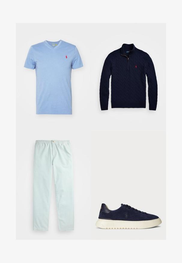 Námořnicky modrý svetr s kabelovým vzorem, se stojáčkovým límcem na půl zip a malým červeným vyšitým logem na hrudi.; Světle modré tričko s výstřihem do V, vyrobené z měkké tkaniny, má krátké rukávy a malé logo červeného pólisty na levém prsu.; Světle modré, volně střižené kalhoty s elastickým pasem, se bočními kapsami a jediným zapínáním na knoflík vpředu.; Navy semišové nízké tenisky s texturovaným povrchem, gumovou podrážkou a tónovacími šňůrkami, s malým logem na boku a patě.