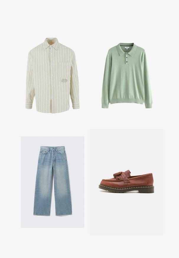 Lichtgroen poloshirt met lange mouwen gemaakt van zachte stof. Voorzien van een kraag en een knoopsluiting met drie knopen. Geribbelde manchetten en zoom.; Lichtgroen en wit gestreept shirt met knoopsluiting aan de voorkant, een borstzak en geborduurd logo aan de linkerkant. Katoenen materiaal, lange mouwen.; Lichtblauwe wijde denim jeans met een vervaagde wassing, vijf zakken en metalen klinknagels; rechte silhouet met een nette zoom.; Bruine leren mocassin met franjeraccenten, een gestructureerd oppervlak en contrasterende gele stiksels langs de zwarte rubberen zool. Zijaanzicht.