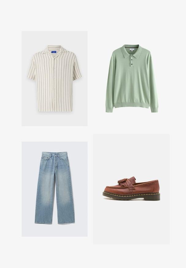 Svetlozeleno dolg rokav polo pulover iz mehkega materiala. Ima ovratnik in zapenjanje na tri gumbe. Krojene manšete in rob.; Kratka majica s kratkimi rokavi v kremni barvi z drobnimi navpičnimi črtami. Ima zapenjanje spredaj s gumbi in klasičen ovratnik, izdelana je iz teksturiranega materiala.; Svetlo modri široki jeans iz denima z bledim pranjem, petimi žepi in kovinskimi zakovicami; raven silhuet s čistim robom.; Rjavi usnjeni mokasin s dodatki v obliki resic, teksturirana površina in kontrastne rumene šive ob črnem gumenem podplatu. Stranska perspektiva.