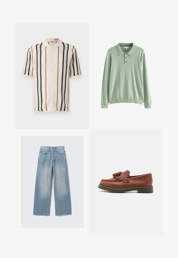 Hellgrüner Langarm-Polo-Pullover aus weichem Material. Mit Kragen und Drei-Knopf-Leiste. Gerippte Bündchen und Saum.; Kurzarm-Strickshirt mit vertikalen Streifen in Creme, Schwarz und Braun. Es hat einen Kragen und eine Knopföffnung.; Hellblaue, weit geschnittene Denim-Jeans mit einem verblassten Finish, fünf Taschen und Metallnieten; gerade Silhouette mit einem sauberen Saum.; Braune Leder-Mokassins mit Quastenakzenten, strukturierten Oberflächen und kontrastierenden gelben Nähten entlang der schwarzen Gummisohle. Seitenansicht.