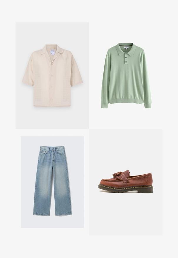 Suéter polo de manga larga de color verde claro, hecho de una tela suave. Presenta un cuello con solapa y una tapeta de tres botones. Puños y dobladillo acanalados.; Camisa de botones de manga corta en color beige, con un patrón de cuadrícula, textura suave y cuello muesca. Hecha de una tela ligera.; Jeans de mezclilla de pierna ancha en azul claro con un lavado deslavado, cinco bolsillos y remaches de metal; silueta recta con un dobladillo limpio.; Mocasines de cuero marrón con acentos de borlas, superficie texturizada y costura amarilla en contraste a lo largo de la suela de goma negra. Vista lateral.