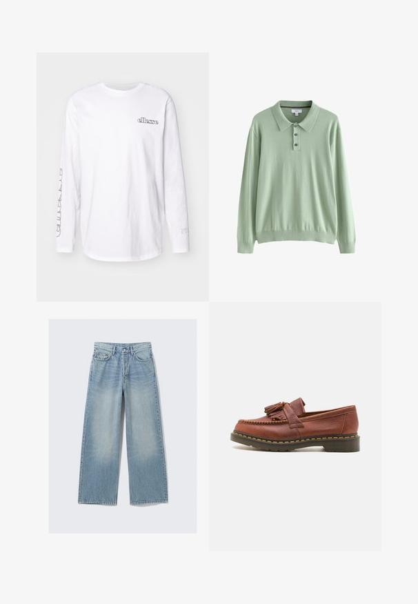 Világos zöld, hosszú ujjú póló pulóver puha anyagból. Kerek nyakkivágással és három gombos gallérral rendelkezik. Ribbelttel díszített mandzsetta és alja.; Ellesse QUINZANO - Hosszú ujjú felső - white; Világos zöld és fehér csíkos ing gombos elülső részlet, mellzsebbel és hímzett logóval a bal oldalon. Pamut anyagú, hosszú ujjal.; Fénykék széles lábú farmernadrág, elhasználódott mosással, öt zsebbel és fémbetétekkel; egyenes sziluett, tiszta szegéllyel.; Barna bőr mokaszin, rojtos díszítéssel, texturált felülettel és kontrasztos sárga varrással a fekete gumitalpon. Oldalnézet.