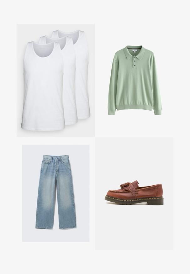 Ljusgrön långärmad polotröja i mjukt tyg. Har krage och treknäppt knäppning. Ribbad mudd och nederkant.; Förpackning med tre vita linnen i bomull, med rundad halsringning och ärmlös design, slät textur och standard passform.; Ljust blå vida denimjeans med en urtvättad effekt, fem fickor och metallnitar; rak silhuett med en ren kant.; Bruna lädermokasiner med tofsdekorationer, texturerad yta och kontrasterande gul söm längs den svarta gummisulan. Sida vy.