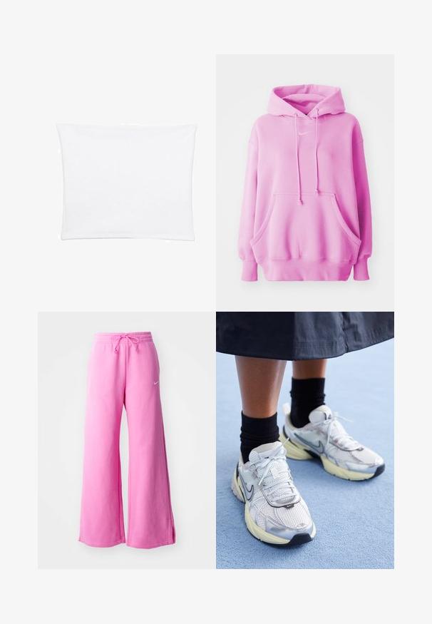 Růžová mikina s kapucí na stažení, přední kapsou a žebrovanými manžetami. Na hrudi má malé bílé logo Nike. Vyrobena z měkké bavlny.; Bílý povlak na polštář s hladkým, jemným povrchem, s obdélníkovým tvarem a čistými okraji, navržený pro standardní velikosti polštářů.; Růžové široké tepláky vyrobené z měkké bavlny, s pásem na stažení a malým bílým logem vepředu.; Bílé a stříbrné tenisky Nike z prodyšné tkaniny s reflexními akcenty a béžovou podrážkou. Nosené s černými ponožkami, stojící na modrém povrchu.