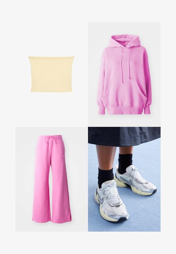 Roza dukserica s kapuljačom na vezanje, prednjim džepom i rebrastim manžetama. Ima mali bijeli Nike logo na prsima. Mekani pamučni materijal.; Bežasti rastezljivi top bez rukava od tkanine s glatkom teksturom i jednostavnim dizajnom. Rasklopljeni rubovi i bez vidljivih dijelova ili uzoraka.; Roze široke trenirke od mekog pamuka, s remenom za podešavanje u struku i malim bijelim logotipom sprijeda.; Bijele i srebrne Nike tenisice od mrežaste tkanine, s reflektirajućim detaljima i bež potplatom. Nosi se s crnim čarapama, stojeći na plavoj površini.