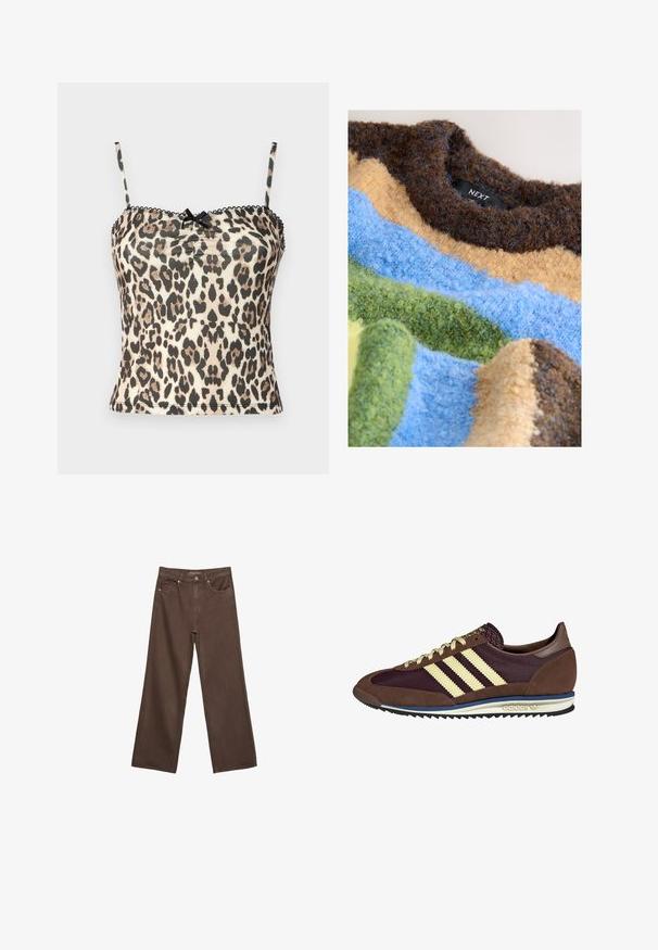 Gestructureerde trui met horizontale strepen in bruin, blauw, geel en groen, gemaakt van pluizig garen. Merklabel zichtbaar.; Camisole met luipaardprint, dunne zwarte bandjes, een textuurstof en een gathered detail in het midden. Heeft een zwarte strikaccent bij de halslijn.; Brede bruine spijkerbroek van denim, met een hoge taille, voorzakken en een klassieke knoopsluiting. Soepele textuur met subtiele stiksels.; Bruine en bordeauxkleurige sneaker van suede en mesh materiaal, met drie crèmekleurige strepen, een gemêleerd stof op de tong en een rubberen zool.