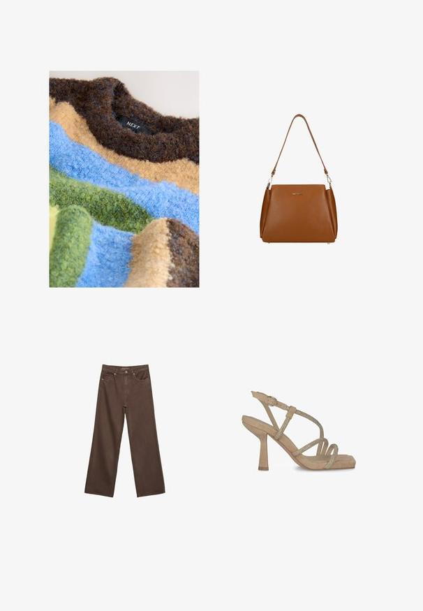 Strukturierter Pullover mit horizontalen Streifen in Braun-, Blau-, Gelb- und Grüntönen, gefertigt aus flauschigem Garn. Markenetikett sichtbar.; Weite braune Jeans aus Denim, mit hoher Taille, Fronttaschen und klassischem Knopfverschluss. Glatte Textur mit feinen Nähten.; Beige High Heels Sandalen aus Kunstwildleder mit quadratischer Zehenpartie, ausgestattet mit überkreuzten Riemen, die mit Strasssteinen verziert sind, und einem Riemen am Knöchel mit Schnalle.; Braune Ledertasche mit strukturierter Oberfläche, einem einzelnen Schulterriemen und einem dezenten Logo auf der Vorderseite. Verfügt über ein strukturiertes Design.