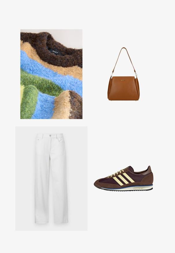 Strukturierter Pullover mit horizontalen Streifen in Braun-, Blau-, Gelb- und Grüntönen, gefertigt aus flauschigem Garn. Markenetikett sichtbar.; Weiße Denim-Hosen mit lockerer Passform, ausgestattet mit einem Knopf- und Reißverschluss, Gürtelschlaufen und einem klassischen Five-Pocket-Design.; Braune und burgunderfarbene Sneaker aus Wildleder und Mesh-Materialien, mit drei cremefarbenen Streifen, strukturiertem Stoff an der Zunge und einer Gummisohle.; Braune Ledertasche mit strukturierter Oberfläche, einem einzelnen Schulterriemen und einem dezenten Logo auf der Vorderseite. Verfügt über ein strukturiertes Design.