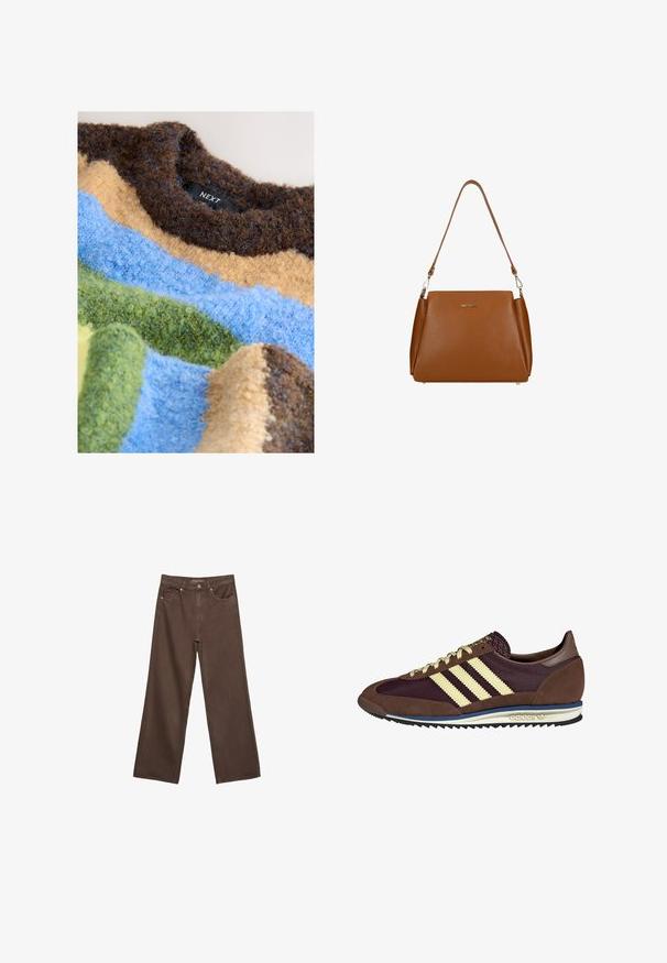 Strukturierter Pullover mit horizontalen Streifen in Braun-, Blau-, Gelb- und Grüntönen, gefertigt aus flauschigem Garn. Markenetikett sichtbar.; Weite braune Jeans aus Denim, mit hoher Taille, Fronttaschen und klassischem Knopfverschluss. Glatte Textur mit feinen Nähten.; Braune und burgunderfarbene Sneaker aus Wildleder und Mesh-Materialien, mit drei cremefarbenen Streifen, strukturiertem Stoff an der Zunge und einer Gummisohle.; Braune Ledertasche mit strukturierter Oberfläche, einem einzelnen Schulterriemen und einem dezenten Logo auf der Vorderseite. Verfügt über ein strukturiertes Design.