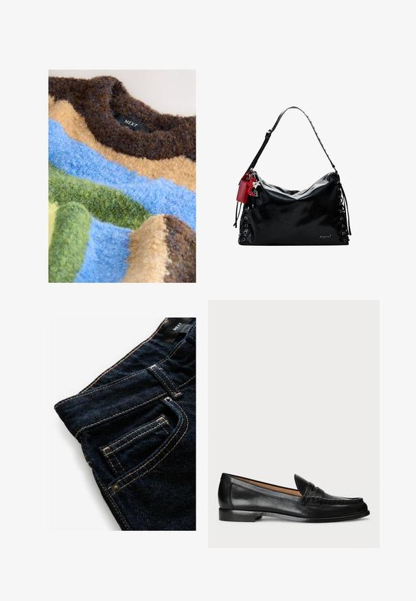 Pull texturé avec des rayures horizontales dans des tons marron, bleu, jaune et vert, confectionné en fil duveteux. Étiquette de la marque visible.; Jean en denim bleu foncé avec des coutures oranges contrastantes, présentant une poche avant, un détail de rivet et une texture lisse.; Lauren Ralph Lauren WYNNIE - Chaussons - black; Sac à main en cuir noir au design décontracté, avec des détails lacés sur les côtés et une étiquette d'accent rouge. Dispose d'une longue bandoulière réglable.
