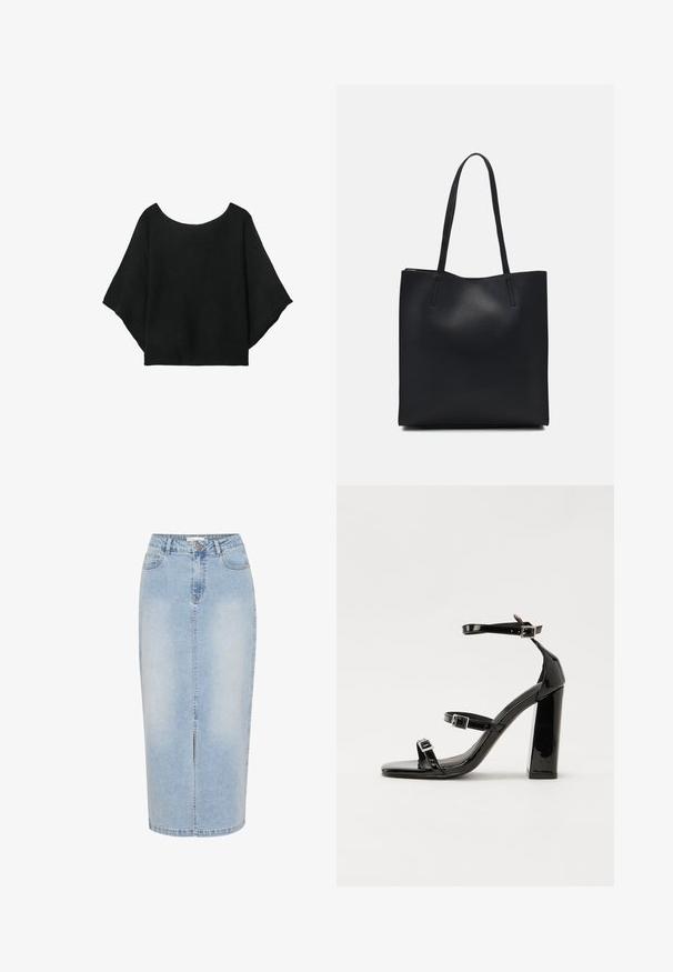 Čierny pletený top so širokými rukávmi, s okrúhlym výstrihom a voľným strihom. Tkanina má pruhovanú textúru, bez zapínania alebo vzorov.; Svetlomodrá riflová midi sukňa s rovnýmu strihu, predným rozparkom a viditeľným šitím. Má gombíkový zapínanie a pútka na opasok.; Čierne lakované sandále na vysokom opätku s dvoma prackami, štvorcovou špičkou a hrubým blokovým opätkom, s hladkou, lesklou textúrou.; Čierna kožená taška na rameno s hladkým povrchom, obdĺžnikovým tvarom a dvoma dlhými uchami. Bez viditeľného kovania alebo ozdôb.