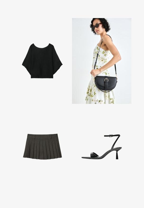 Haut en tricot noir avec des manches larges, un décolleté rond et une coupe décontractée. Le tissu a une texture côtelée, sans fermetures ni motifs.; Jupe plissée gris foncé avec de fines rayures verticales blanches et des passants de ceinture sur un fond blanc.; Bershka Sandales à talons hauts - black; Sac à main en cuir noir avec une forme courbée, bandoulière amovible et des accessoires en or. Le sac est doté d'un rabat avec un détail de boucle.