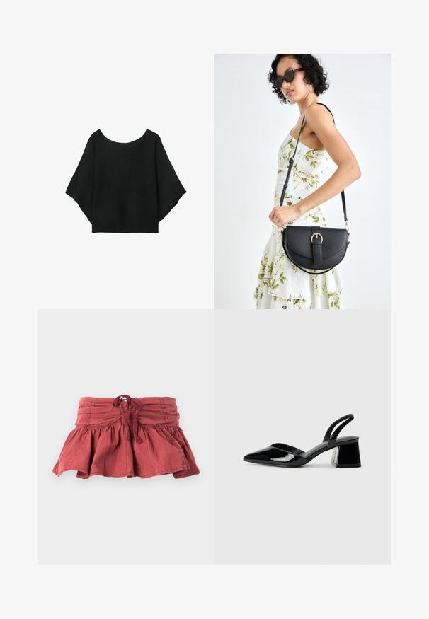 Črn pleteni top s širokimi rokavi, krojem z okroglo izrezano vratnim delom in sproščenim fitom. Tkanina ima rebrasto teksturo, brez zapiralk ali vzorcev.; Rdeča mini krila z zavezo v pasu, s krožnim oblikovanjem in teksturirano tkanino. Gladek zaključek z rahlimi gubanji.; Črne lakirane slingback pete s koničastim nosom in geometrijsko blokasto peto. Imajo eleganten, minimalističen dizajn in gladko teksturo.; Črna usnjena torbica s ukrivljeno obliko, z odstranljivo naramnico in zlatimi dodatki. Torbica ima pokrov s podrobnostmi v obliki zaponke.