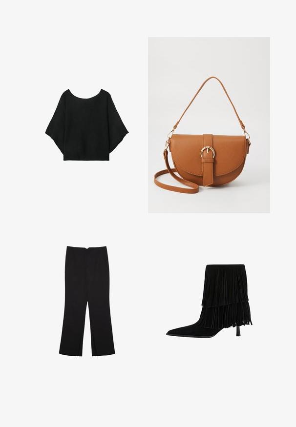 Top nero a maglia con maniche larghe, scollatura a girocollo e vestibilità morbida. Il tessuto ha una texture a coste, senza chiusure né motivi.; Pantaloni neri a gamba dritta, con tasche frontali e spacchi laterali all'orlo. Realizzati in tessuto morbido e liscio. Adatti a diverse occasioni.; Stivale alla caviglia in suede nero con un design a frange a strati, punta affusolata e tacco a spillo. La texture è morbida e la finitura appare liscia.; Borsa a tracolla in pelle marrone con forma curvata, hardware dorato e un dettaglio con fibbia. Presenta una tracolla rimovibile.