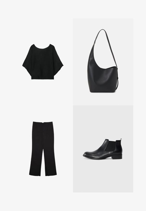 Haut en tricot noir avec des manches larges, un décolleté rond et une coupe décontractée. Le tissu a une texture côtelée, sans fermetures ni motifs.; Pantalon noir avec une coupe droite, doté de poches avant et d'éclairs sur l'ourlet. Fabriqué en tissu doux et lisse. Convient à diverses occasions.; Bottine Chelsea en cuir noir avec des panneaux élastiques sur les côtés, bout arrondi, une languette à l'arrière et un petit talon carré. Texture lisse.; Sac hobo en cuir noir avec une texture lisse, une forme incurvée et une seule sangle réglable ; dispose d'une large ouverture en haut.