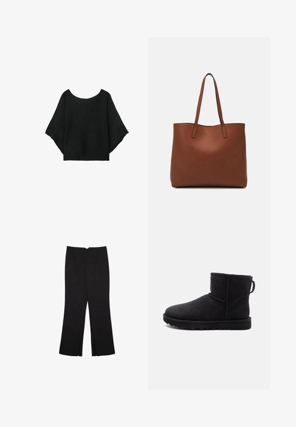 Czarna dzianinowa bluzka z szerokimi rękawami, okrągłym dekoltem i luźnym krojem. Tkanina ma prążkowaną fakturę, bez zapięć lub wzorów.; Czarne spodnie o prostym kroju, z przednimi kieszeniami i bocznymi rozcięciami na dole. Wykonane z miękkiego, gładkiego materiału. Odpowiednie na różne okazje.; Czarne zamszowe botki za kostkę z okrągłym noskiem, ocieplone owczą wełną i płaską gumową podeszwą. Mają boczny szew oraz pętelkę do zakładania z tyłu.; Brązowa skórzana torba tote o gładkiej fakturze, z otwartym wierzchem i dwoma ramiączkami. Charakteryzuje się minimalnym przeszyciem i brakiem widocznych elementów metalowych.