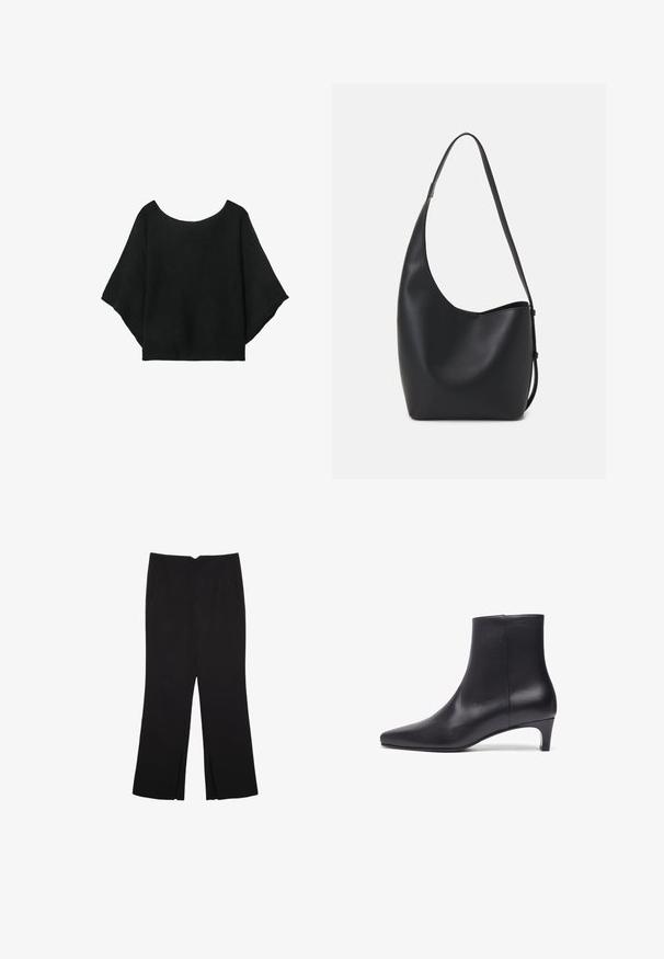 Top nero a maglia con maniche larghe, scollatura a girocollo e vestibilità morbida. Il tessuto ha una texture a coste, senza chiusure né motivi.; Pantaloni neri a gamba dritta, con tasche frontali e spacchi laterali all'orlo. Realizzati in tessuto morbido e liscio. Adatti a diverse occasioni.; Stivale alla caviglia in pelle nera con punta affusolata, texture liscia e tacco modesto, caratterizzato da un design elegante senza hardware o accenti visibili.; Borsa hobo nera in pelle con una superficie liscia, forma curvata e una singola tracolla regolabile; presenta un'ampia apertura nella parte superiore.
