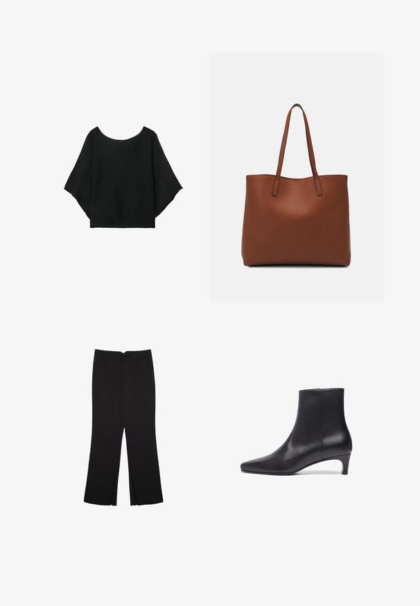 Top nero a maglia con maniche larghe, scollatura a girocollo e vestibilità morbida. Il tessuto ha una texture a coste, senza chiusure né motivi.; Pantaloni neri a gamba dritta, con tasche frontali e spacchi laterali all'orlo. Realizzati in tessuto morbido e liscio. Adatti a diverse occasioni.; Stivale alla caviglia in pelle nera con punta affusolata, texture liscia e tacco modesto, caratterizzato da un design elegante senza hardware o accenti visibili.; Borsa tote in pelle marrone con texture liscia, design con apertura superiore e due spallacci. Presenta cuciture minime e nessun hardware visibile.