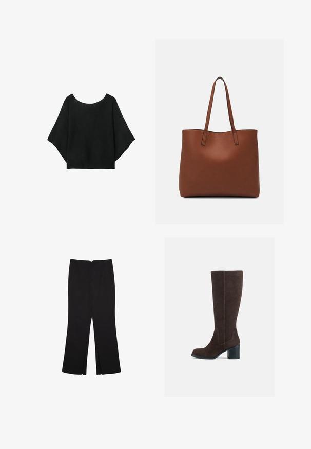 Črn pleteni top s širokimi rokavi, krojem z okroglo izrezano vratnim delom in sproščenim fitom. Tkanina ima rebrasto teksturo, brez zapiralk ali vzorcev.; Črne hlače ravnega kroja z naglavnimi žepi in stranskimi razporki na robu. Narejene iz mehke, gladke tkanine. Primerne za različne priložnosti.; Rjava semiš škornji do kolen s kvadratnim peto in gladkim zaključkom. Okrogla nosnica in izrazito šivana podrobnost na gredici.; Rjava usnjena torba z gladko teksturo, odprto zasnovo zgoraj in dvema naramnima trakovoma. Opremljena je z minimalnim šivanjem in brez vidnih kovinskih delov.