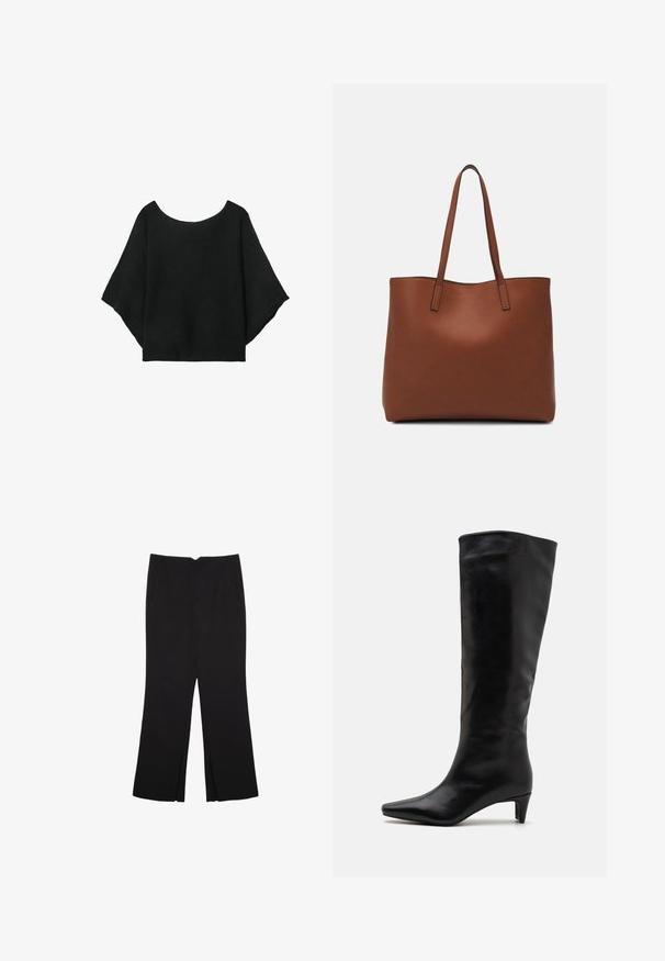 Musta neulepaita, jossa on leveät hihat, pyöreä pääntie ja rento istuvuus. Kankaassa on ribbitekstuuria, ilman kiinnityksiä tai kuvioita.; Mustat housut suoralinjaisella leikkauksella, joissa on etutaskut ja sivurei'ät helman alla. Valmistettu pehmeästä ja sileästä kankaasta. Sopii eri tilaisuuksiin.; Polvisukuiset mustat nahkasaappaat, joissa on terävä kärki ja matala, tyylikäs korko; sileä pinta ja yksinkertainen, tyylikäs muotoilu.; Ruskea nahkainen olkalaukku, jossa on sileä pinta, avoin yläosa ja kaksi olkahihnaa. Omaavat vain minimaalisen ompelun eikä näkyvää metalliosaa.