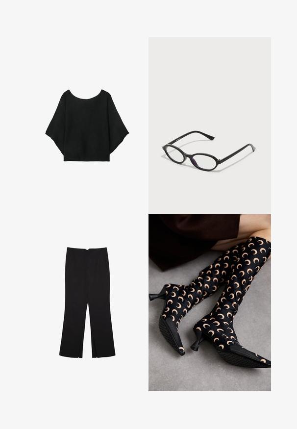Svart stickad topp med vida ärmar, rundad halsringning och avslappnad passform. Tyget har en ribbad textur, utan knappar eller mönster.; Svarta byxor med rak passform, utrustade med framfickor och sidoklyvningar vid fållen. Tillverkade av mjukt, slätt tyg. Lämpliga för olika tillfällen.; MARINE SERRE MOON PRINTED KNEE HIGH BOOTS - Stövel - tan; Svart ovalt ramglasögon med genomskinliga lila detaljer på linserna. Ramen har en mattslät yta och slanka, raka tempel.