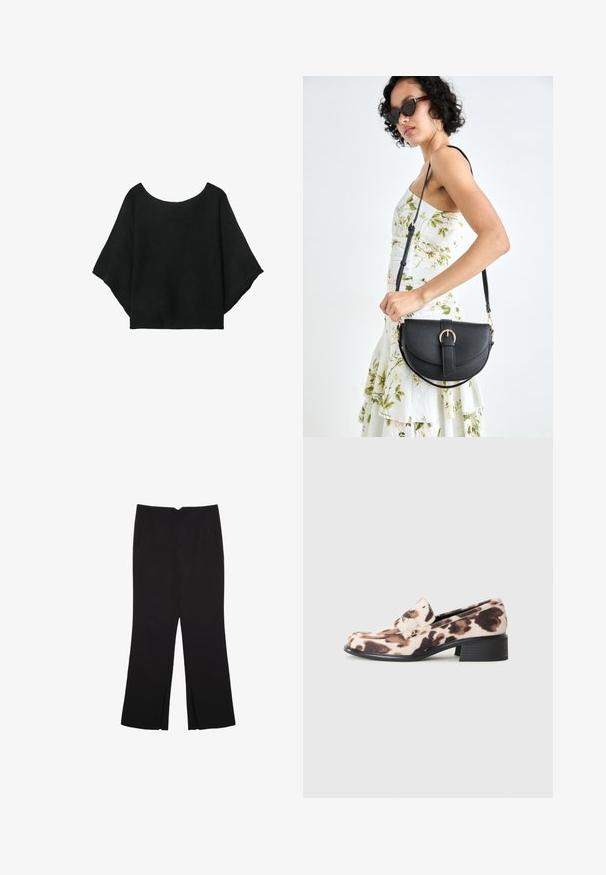 Haut en tricot noir avec des manches larges, un décolleté rond et une coupe décontractée. Le tissu a une texture côtelée, sans fermetures ni motifs.; Pantalon noir avec une coupe droite, doté de poches avant et d'éclairs sur l'ourlet. Fabriqué en tissu doux et lisse. Convient à diverses occasions.; Mocassin à talon bas avec un talon empilé noir, dessus en tissu imprimé animal beige et marron, et une sangle décorative sur le cou-de-pied.; Sac à main en cuir noir avec une forme courbée, bandoulière amovible et des accessoires en or. Le sac est doté d'un rabat avec un détail de boucle.