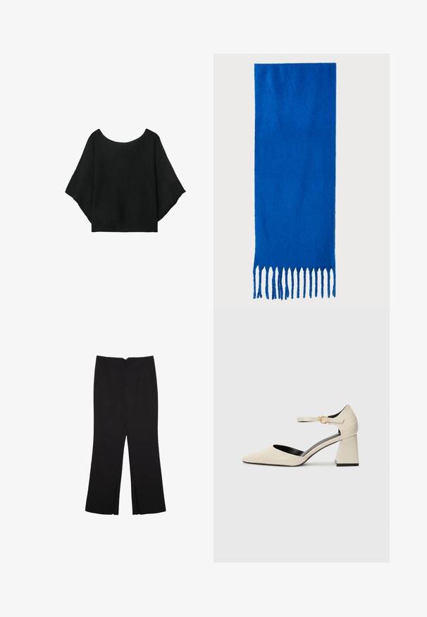 Crna pletena majica s širokim rukavima, izrezom u obliku suze i opuštenim krojem. Tkanina ima rebrastu teksturu, bez kopčanja ili uzoraka.; Crne hlače ravnog kroja, s prednjim džepovima i bočnim prorezima na rubu. Izrađene od mekog i glatkog materijala. Pogodne za razne prigode.; Bež cipele od umjetne kože s blok petom, špicastim vrhom, kaišom oko gležnja i suptilnim detaljima u teksturi krokodila. Crna unutrašnjost.; Plava šal od mekog materijala; sadrži jednobojnu boju s teksturiranom površinom i ravnomjerno rezanim resicama na dnu.