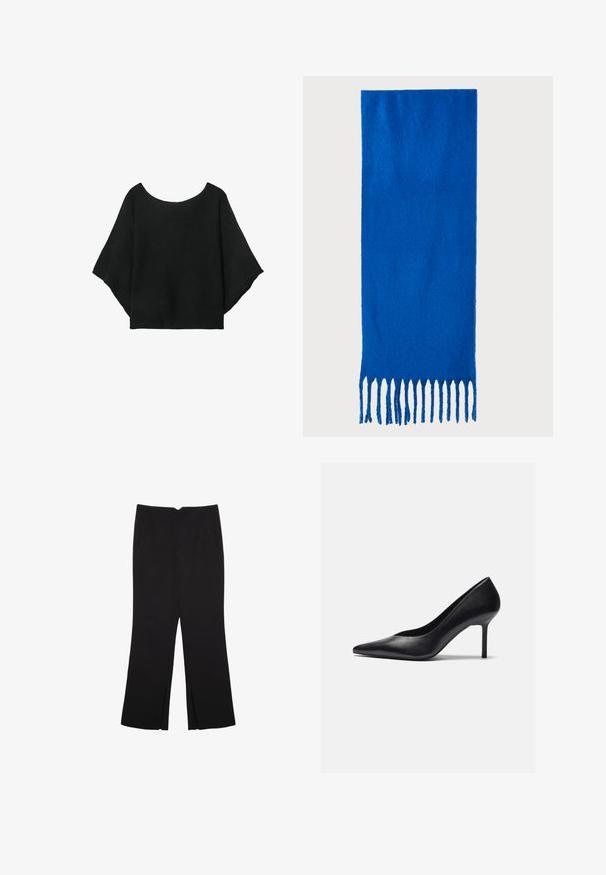 Musta neulepaita, jossa on leveät hihat, pyöreä pääntie ja rento istuvuus. Kankaassa on ribbitekstuuria, ilman kiinnityksiä tai kuvioita.; Mustat housut suoralinjaisella leikkauksella, joissa on etutaskut ja sivurei'ät helman alla. Valmistettu pehmeästä ja sileästä kankaasta. Sopii eri tilaisuuksiin.; Mustakalla nahkakengät, joissa on terävä kärki ja kapea stilettokorko, jossa on sileä pinta ja vähäeleinen muotoilu.; Sininen fringekangas, joka on valmistettu pehmeästä materiaalista; siinä on yksivärinen pinta ja tasaisesti leikattu fringejalkeen alareunassa.