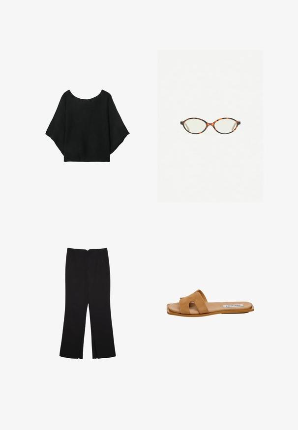 Schwarzes gestricktes Oberteil mit weit geschnittenen Ärmeln, einem runden Halsausschnitt und einer lockeren Passform. Der Stoff hat eine gerippte Textur, ohne Verschlüsse oder Muster.; Schwarze Hose mit geradem Schnitt, ausgestattet mit Fronttaschen und Seitenschlitzen am Saum. Hergestellt aus weichem, glattem Stoff. Geeignet für verschiedene Anlässe.; Beiger Wildleder-Slide-Sandaletten mit zwei breiten Riemen mit Ausschnitten, flacher Sohle und dezentem Logo auf der Innensohle.; Schildpatt-Eyegläser mit ovalen Gläsern und einer eleganten, glatten Oberfläche. Mit dünnen Seiten und einer subtilen Kurve an den Schläfen. Klare Gläser.