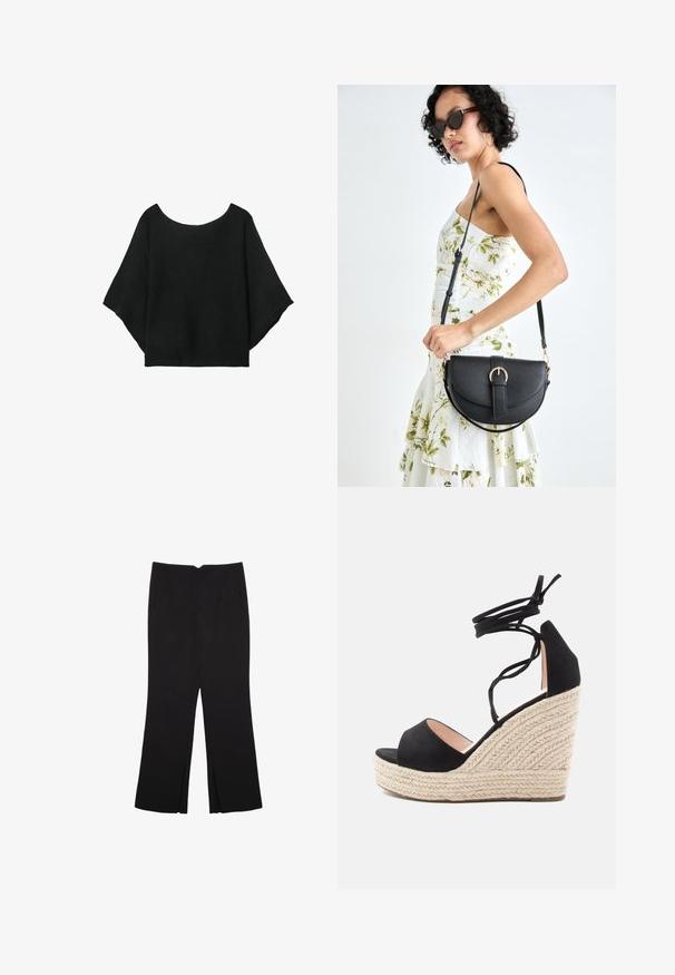 Haut en tricot noir avec des manches larges, un décolleté rond et une coupe décontractée. Le tissu a une texture côtelée, sans fermetures ni motifs.; Pantalon noir avec une coupe droite, doté de poches avant et d'éclairs sur l'ourlet. Fabriqué en tissu doux et lisse. Convient à diverses occasions.; Sandales à talons compensés en suède noir avec une plateforme en jute tissé, dotées de brides croisées à la cheville et d'un design à bout ouvert.; Sac à main en cuir noir avec une forme courbée, bandoulière amovible et des accessoires en or. Le sac est doté d'un rabat avec un détail de boucle.