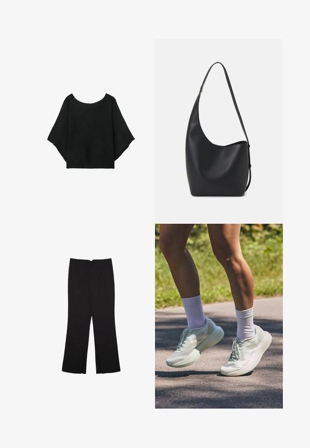 Črn pleteni top s širokimi rokavi, krojem z okroglo izrezano vratnim delom in sproščenim fitom. Tkanina ima rebrasto teksturo, brez zapiralk ali vzorcev.; Črne hlače ravnega kroja z naglavnimi žepi in stranskimi razporki na robu. Narejene iz mehke, gladke tkanine. Primerne za različne priložnosti.; Svetlo mentolno zeleni športni čevlji z gladko teksturo, zaobljenim nosom in debelim podplatom. V kombinaciji z belimi nogavicami do gležnjev, prikazani v gibanju na poti.; Črna usnjena hobo torba z gladko teksturo, ukrivljeno obliko in eno nastavljivo naramnico; ima širok odprtina na vrhu.