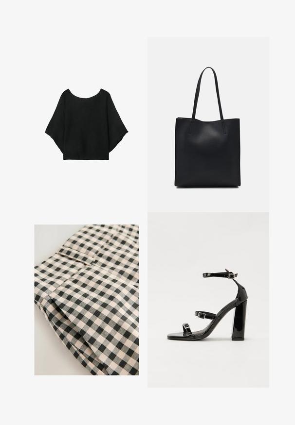 Top nero a maglia con maniche larghe, scollatura a girocollo e vestibilità morbida. Il tessuto ha una texture a coste, senza chiusure né motivi.; Tessuto a scacchi nero e beige con una texture liscia. Il dettaglio mostra una sezione piegata con una tasca e linee di finitura pulite.; Sandali con tacco alto in vernice nera con due cinturini con fibbia, punta quadrata e tacco spesso a blocco, caratterizzati da una texture liscia e lucida.; Borsa tote in pelle nera con texture liscia, forma rettangolare e due manici lunghi. Nessun hardware o decorazione visibile.