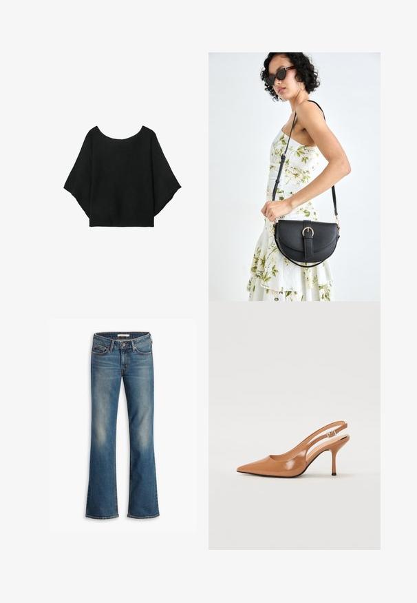 Schwarzes gestricktes Oberteil mit weit geschnittenen Ärmeln, einem runden Halsausschnitt und einer lockeren Passform. Der Stoff hat eine gerippte Textur, ohne Verschlüsse oder Muster.; Blaue Denim Bootcut-Jeans mit fünf Taschen und einem Knopfverschluss, mit verblichenen Bereichen an Oberschenkeln und Knien.; Spitz zulaufender Slingback-Absatz aus einem glatten, glänzenden, tanfarbenen Material. Mit einem geschwungenen Ausschnitt-Design und einem schlanken Stiletto-Absatz. Silberne Schnallendetails.; Schwarze Lederhandtasche mit geschwungener Form, abnehmbarem Tragegurt und goldenen Beschlägen. Die Tasche verfügt über einen Deckel mit einer Schnallen-Details.