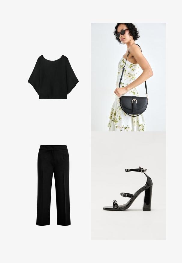 Černý pletený top s širokými rukávy, kulatým výstřihem a volným střihem. Tkanina má žebrovanou texturu, bez zapínání nebo vzorů.; Černé široké kalhoty vyrobené z hladké látky, mají dvě přední kapsy a plochý pas. Ušitý design s čistou siluetou.; Černé lakované sandály na vysokém podpatku se dvěma pásky se sponami, čtvercovou špičkou a robustním blokovým podpatkem, s hladkou, lesklou texturou.; Černá kožená kabelka s křivkovým tvarem, odnímatelným popruhem a zlatými detaily. Kabelka má klopu s přezkou.