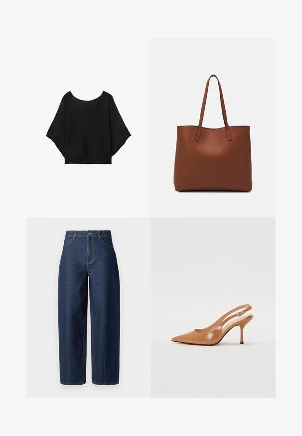 Sort strikket top med brede ærmer, en rund halsudskæring og en afslappet pasform. Stoffet har en ribbet tekstur, uden lukninger eller mønstre.; Mørkeblå højtaljede straight-leg denim jeans med knaplukning, bæltestropper og for- og baglommer på en hvid baggrund.; Spids tå slingback hæl i et glat, blankt tan materiale. Har et buet udskæring design og en slank stiletto hæl. Sølv spænde detalje.; Brun læder tote taske med en glat overflade, åben topdesign og to skulderremme. Har minimal syning og ingen synlig hardware.