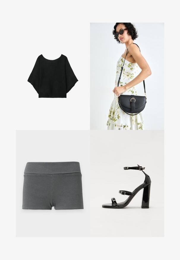 Top nero a maglia con maniche larghe, scollatura a girocollo e vestibilità morbida. Il tessuto ha una texture a coste, senza chiusure né motivi.; Shorts in tessuto a coste grigio scuro con vita alta. Presentano un design aderente, una texture liscia e nessun hardware o decorazione visibile.; Sandali con tacco alto in vernice nera con due cinturini con fibbia, punta quadrata e tacco spesso a blocco, caratterizzati da una texture liscia e lucida.; Borsa a tracolla nera in pelle con una forma curva, manico rimovibile e accessori dorati. La borsa presenta una patta con un dettaglio a fibbia.