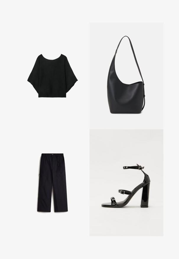 Czarna dzianinowa bluzka z szerokimi rękawami, okrągłym dekoltem i luźnym krojem. Tkanina ma prążkowaną fakturę, bez zapięć lub wzorów.; Czarne spodnie cargo z elastycznym paskiem w talii, regulowanym paskiem i dwoma bocznymi kieszeniami. Wykonane z lekkiego, strukturalnego materiału.; Czarne lakierowane sandały na wysokim obcasie, z dwoma paskami zapinanymi na klamry, kwadratowy nosek i masywny obcas typu słupek, o gładkiej, błyszczącej fakturze.; Czarna skórzana torba hobo o gładkiej fakturze, zaokrąglonym kształcie i pojedynczym, regulowanym pasku; posiada szerokie otwarcie na górze.