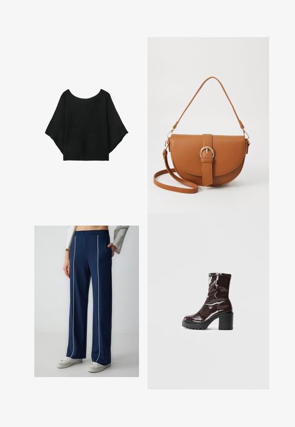 Zwart gebreid top met wijde mouwen, een ronde hals en een relaxte pasvorm. De stof heeft een geribbelde textuur, zonder sluitingen of patronen.; Marineblauwe trainingsbroeken met een relaxte pasvorm, voorzien van witte zijpiping, elastische tailleband, zachte textuur en gestyled met witte sneakers.; Glanzende bordeauxrode enkelboot met een chunky zwarte hak, met een gladde textuur en een eenvoudig ontwerp. Geen zichtbare sluitingen of patronen.; Bruine leren schoudertas met een gebogen vorm, gouden hardware en een gespaccent. Bevat een afneembare schouderriem.