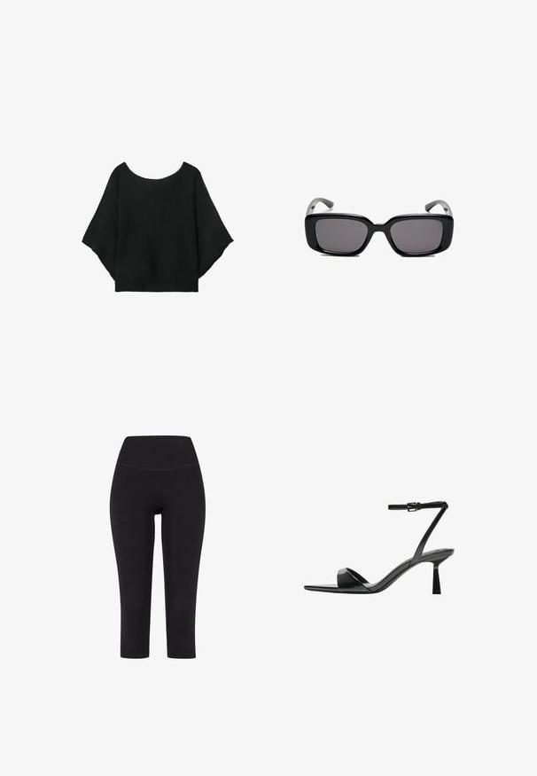 Crna pletena majica s širokim rukavima, izrezom u obliku suze i opuštenim krojem. Tkanina ima rebrastu teksturu, bez kopčanja ili uzoraka.; Crne legging hlače do tri četvrtine dužine, izrađene od rastezljivog materijala, s visokim strukom i bez vidljivih uzoraka ili metalnih dijelova.; Bershka Sandale s visokom petom - black; Crne pravokutne sunčane naočale s tamnim lećama, glatkim plastičnim okvirom i zakrivljenim državama. Dizajn je masivan s minimalističkom estetikom.