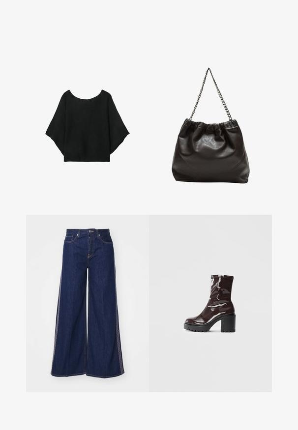 Crna pletena majica s širokim rukavima, izrezom u obliku suze i opuštenim krojem. Tkanina ima rebrastu teksturu, bez kopčanja ili uzoraka.; Široke traperice tamnoplave boje, sa kontrastnim šavovima i visokim strukom. Tkanina je čvrsta s glatkom teksturom.; Sjajna burgundska čizma do gležnja s debelim crnim potplatom, koja se odlikuje glatkom teksturom i jednostavnim dizajnom. Nema vidljivih kopčanja ili uzoraka.; Smeđa kožna torba s naboranim vrhom i lančićem za nošenje. Glatka tekstura s sjajnim završetkom i suptilnim šavnim detaljima sa strane.