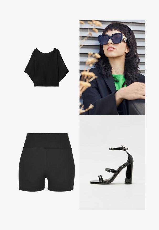 Čierny pletený top so širokými rukávmi, s okrúhlym výstrihom a voľným strihom. Tkanina má pruhovanú textúru, bez zapínania alebo vzorov.; Čierne športové šortky s vysokým pásom vyrobené z hladkého, elastického materiálu. Majú hladké švy a priliehavý dizajn, ideálne na aktívne nosenie.; Čierne lakované sandále na vysokom opätku s dvoma prackami, štvorcovou špičkou a hrubým blokovým opätkom, s hladkou, lesklou textúrou.; Prehnané čierne slnečné okuliare s hrubým rámom a zlatým akcentom, nosené s čiernym sakom a jasne zelenou košeľou, na horizontálnom pozadí.