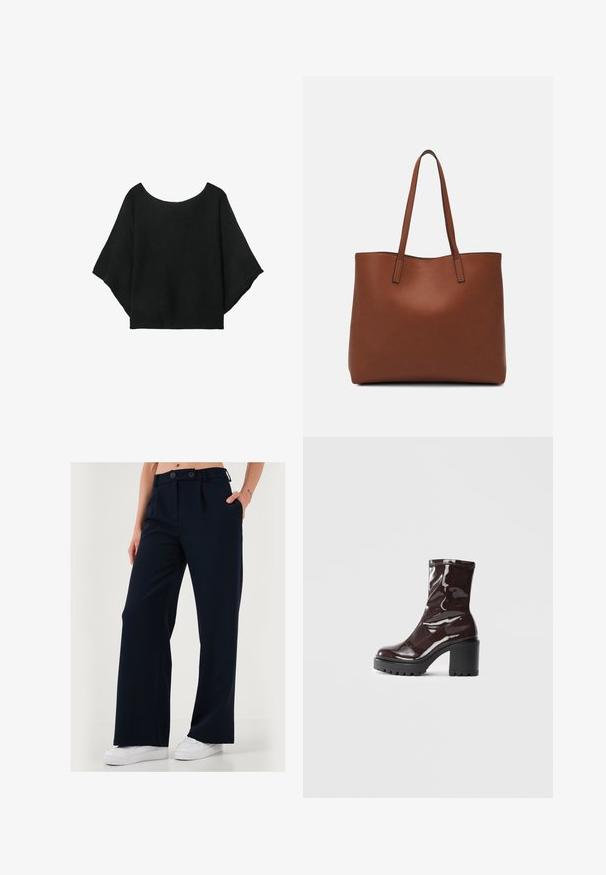 Musta neulepaita, jossa on leveät hihat, pyöreä pääntie ja rento istuvuus. Kankaassa on ribbitekstuuria, ilman kiinnityksiä tai kuvioita.; Valkoiset leveälahkeiset housut tummansinisestä sileästä kankaasta, joissa on kaksipainiketoiminto ja sivutaskut luotettavaa tyyliä varten.; Satea bordeaux berwarna mengkilap dengan tumit hitam tebal, menampilkan tekstur halus dan desain sederhana. Tanpa pengikat atau pola yang terlihat.; Ruskea nahkainen olkalaukku, jossa on sileä pinta, avoin yläosa ja kaksi olkahihnaa. Omaavat vain minimaalisen ompelun eikä näkyvää metalliosaa.