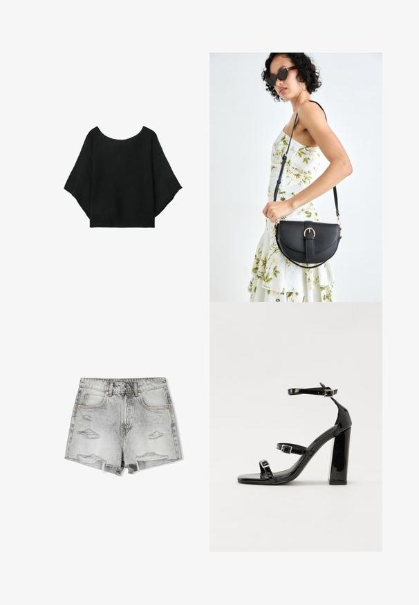 Svart stickad topp med vida ärmar, rundad halsringning och avslappnad passform. Tyget har en ribbad textur, utan knappar eller mönster.; Denimshorts i blek grå med slitna detaljer. Har fransad fåll, två framfickor och mässingsdetaljer för stängning.; Svarta lackerade högklackade sandaler med två spännband, fyrkantig tå och en tjock klack, med en slät och glansig yta.; Svart läderhandväska med en böjd form, avtagbar rem och guldiga detaljer. Väskan har ett lock med en spänndetalj.