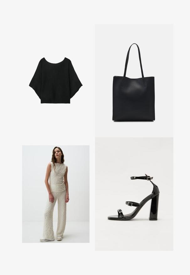 Black knitted top with wide sleeves, a scoop neckline, and a relaxed fit. Fabric has a ribbed texture, with no fasteners or patterns.; White textured knit outfit featuring a sleeveless top and wide-leg pants. Fabric has a raised pattern, complemented by light-colored footwear.; Black patent heeled sandals with a square toe, ankle straps, and silver buckles. Features a chunky block heel for stability.; Black leather tote bag with smooth texture, rectangular shape, and two long handles. No visible hardware or embellishments.