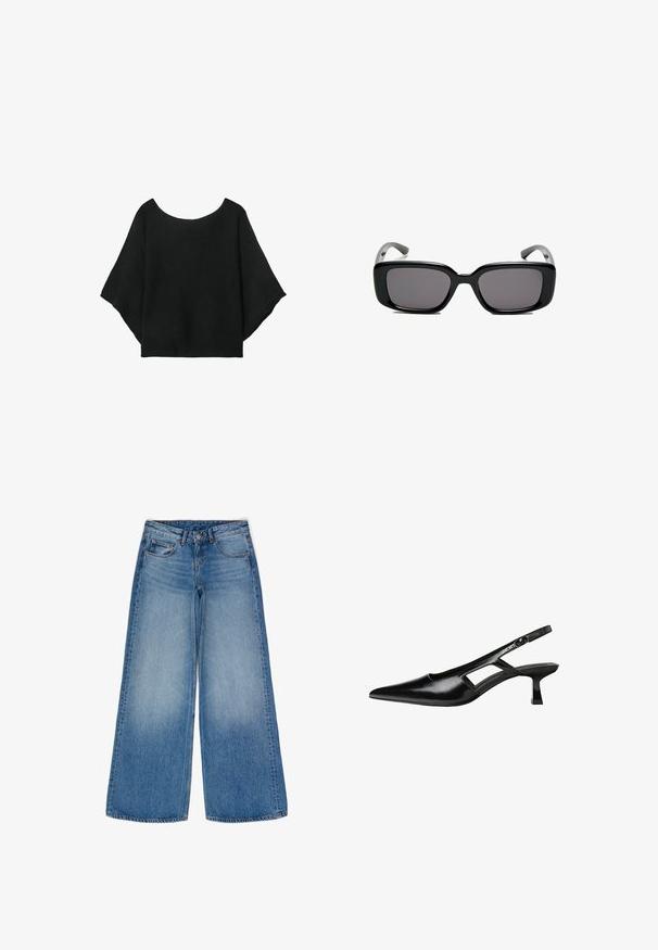 Sort strikket top med brede ærmer, en rund halsudskæring og en afslappet pasform. Stoffet har en ribbet tekstur, uden lukninger eller mønstre.; Bredde ben blå denim jeans med en falmet vask. Har robuste lommer, høj talje og en klassisk knap- og lynlåslukning.; Sorte patentlæder slingback hæle med spids tå, udskåret sideskærm og en lille firkantet hæl. Glat tekstur med minimale detaljer.; Sorte rektangulære solbriller med mørke linser, glat plastikramme og buede stænger. Designet er klodset med en minimalistisk æstetik.